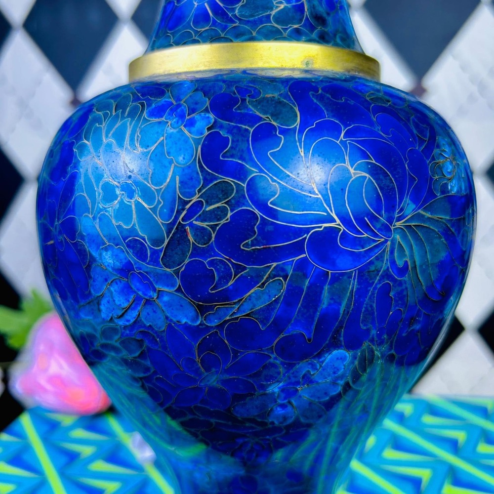 Large Blue Cloisonné 10" Floral Vase Brass Trim Vintage Elegance - Picture 9 of 10
